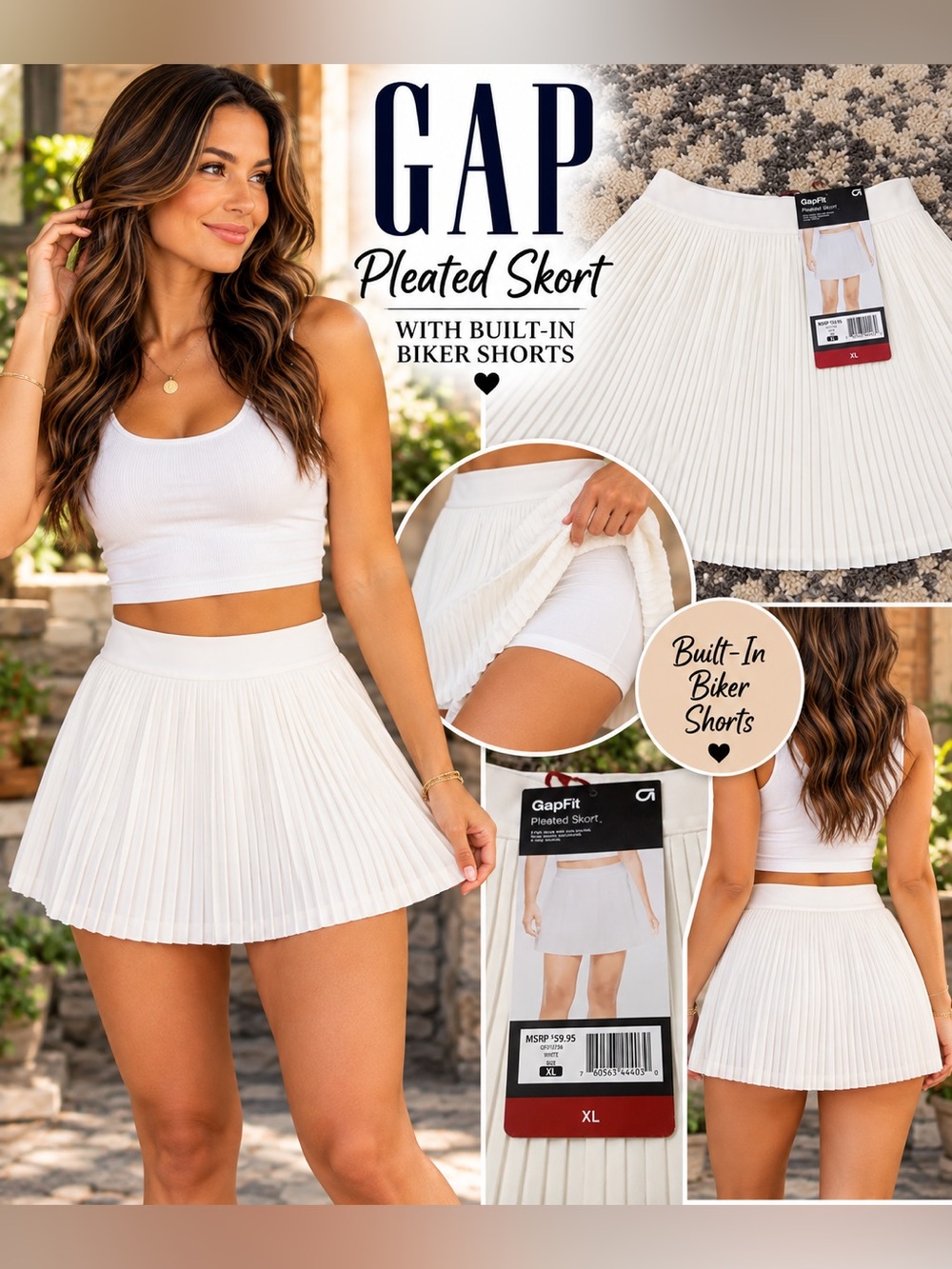 GAP White Pleated Circle Skort with Built-In Biker Shorts